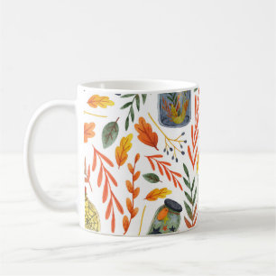 Taza De Café Patrón de acuarela con follaje otoñal.