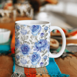 Taza De Café Patrón de acuarela de arte floral azul estilizado