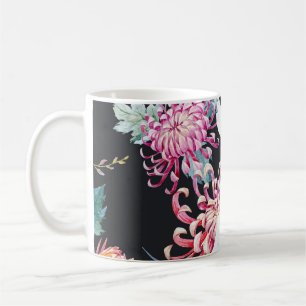Taza De Café Patrón de acuarela de crisantemo de raza roja