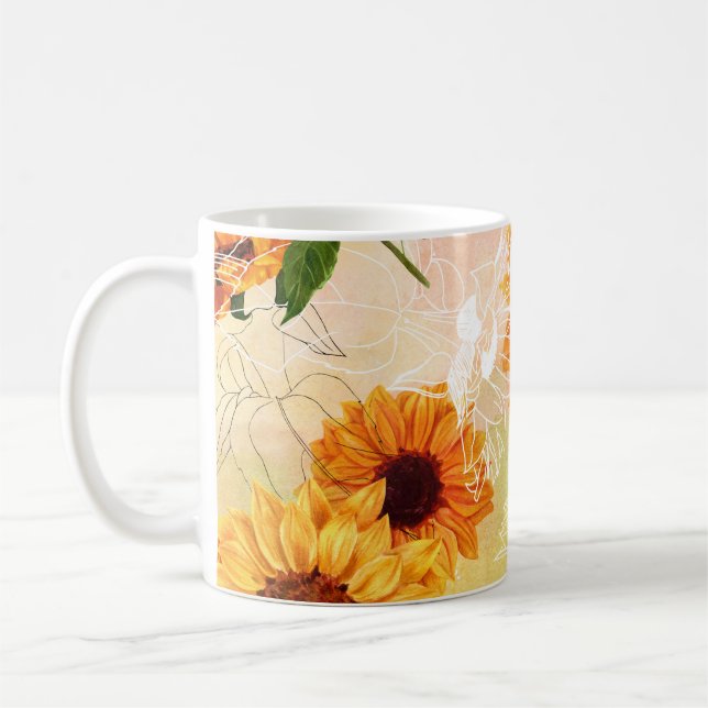 Taza De Café Patrón de acuarela de girasoles amarillos dibujado (Izquierda)