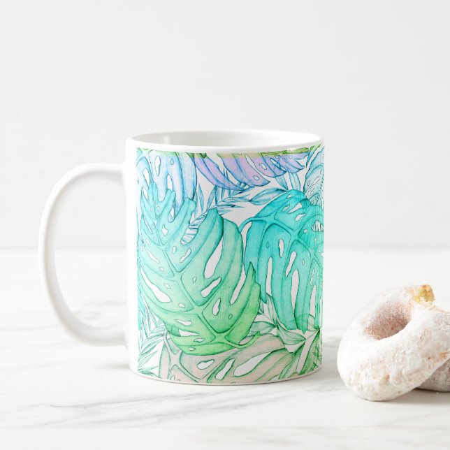 Taza De Café Patrón de acuarela de hojas de monstera pastel tro (Con donut)