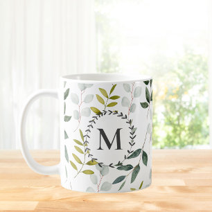 Taza De Café Patrón de Acuarela de Hojas Verdes Monogramadas