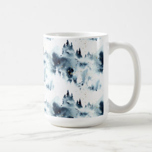 Taza De Café Patrón de acuarela del bosque azul de medianoche
