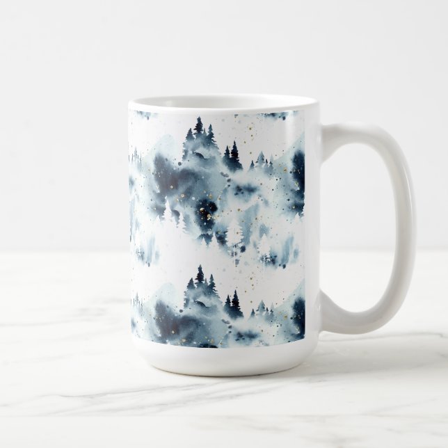 Taza De Café Patrón de acuarela del bosque azul de medianoche (Derecha)