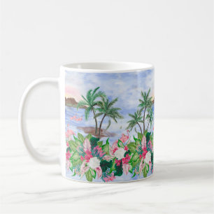 Taza De Café Patrón de acuarela sin fisuras con hawaiano