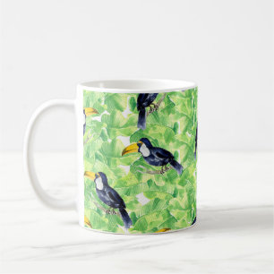 Taza De Café Patrón de acuarela sin foco con toucan en verde l