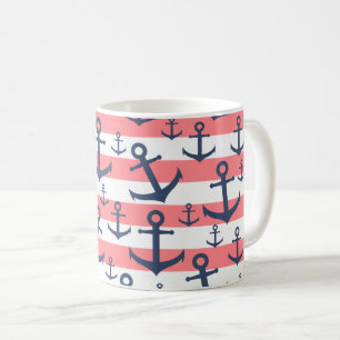 Taza De Café Patrón de anclaje azul marino de la correa corali