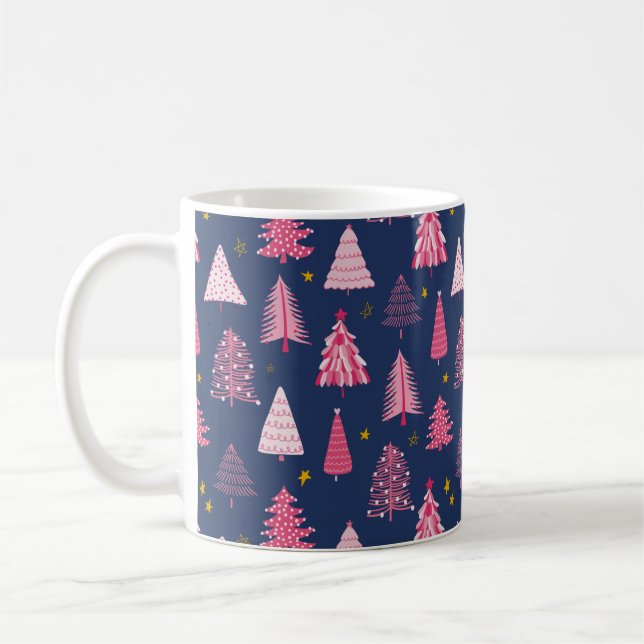 Taza De Café Patrón de árbol de Navidad azul y rosa (Izquierda)