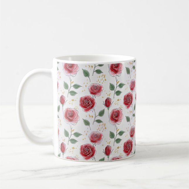 Taza De Café Patrón de arte de línea floral Roses rojos (Izquierda)