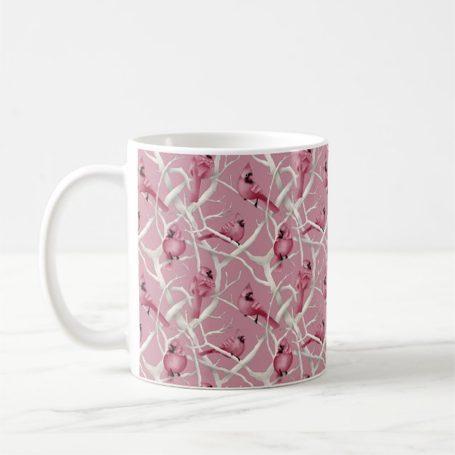 Taza De Café Patrón de aves cardinales de invierno rosado (Izquierda)