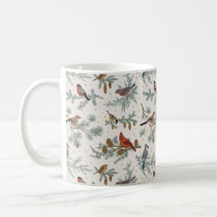 Taza De Café Patrón de aves de invierno y ramas de pino