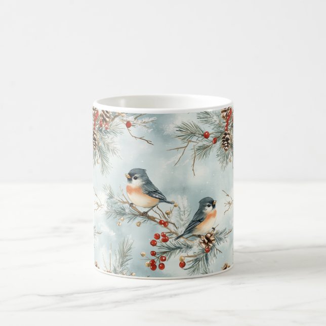 Taza De Café Patrón de aves invernales con pineconas y nieve (Centro)