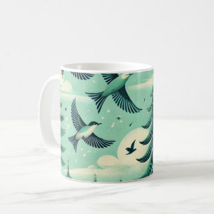 Taza De Café Patrón de aves y bosques verdes verde azulados