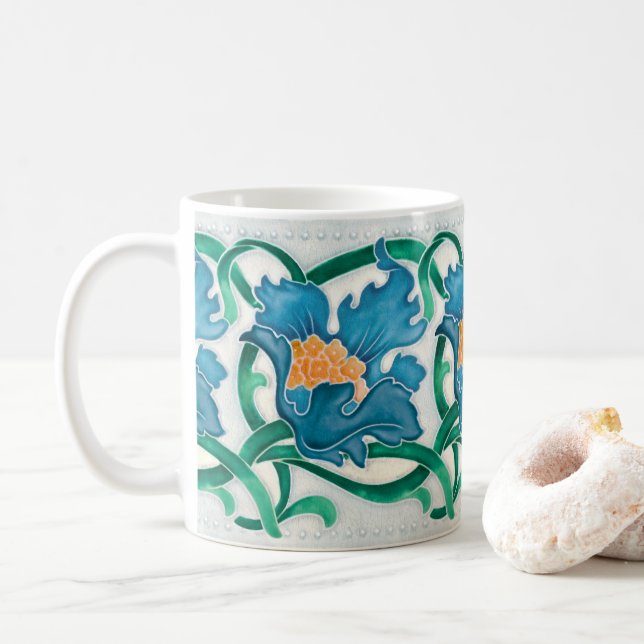 Taza De Café Patrón de ayuda de Faux Faux Majolica floral Art N (Con donut)