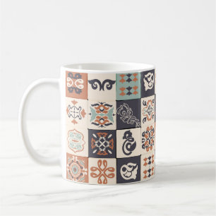 Taza De Café Patrón de Azulejos Retro Azul, Blanco y naranja Li