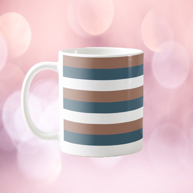 Taza De Café Patrón de banda Blanco Verde azulado marrón (A mug with brown, teal and white stripes)