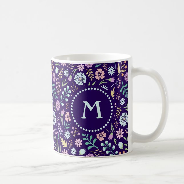 Taza De Café Patrón de Boho floral monograma Whimsical Mug (Derecha)