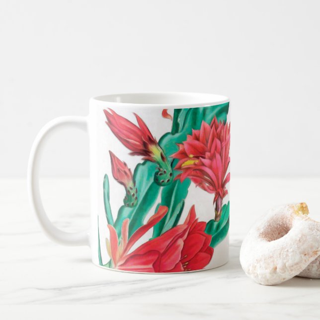 Taza De Café Patrón de Cactus Verde Rojo Blooming (Con donut)