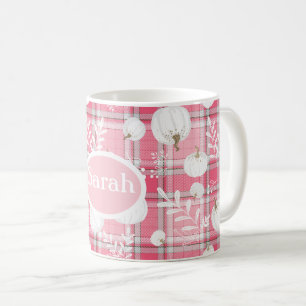 Taza De Café patrón de caída rosa y blanco con calabazas y nomb