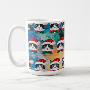 Taza De Café Patrón de caras de gato de Navidad en blanco y neg