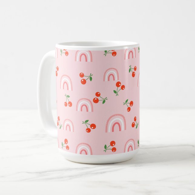 Taza De Café Patrón de cerezas de arcoiris rosa (Anverso izquierdo)