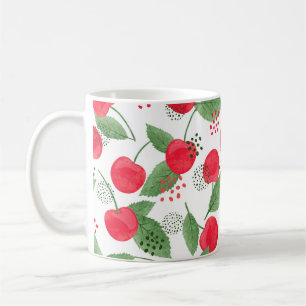 Taza De Café Patrón de cerezas sin foco. Lluvia de color de agu
