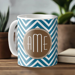 Taza De Café Patrón de Chevron de Chocolate y Verde Teal con Mo