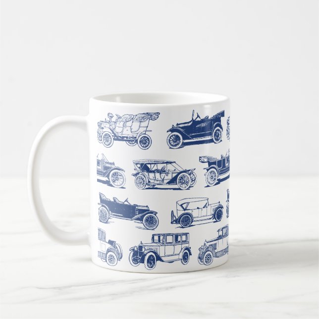 Taza De Café Patrón de coche de época azul blanco (Izquierda)