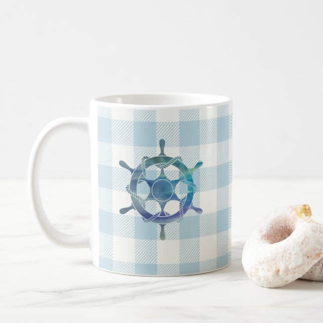 Taza De Café Patrón de comprobación de Gingham Blue Tiller (Con donut)