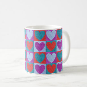 Taza De Café Patrón de corazón a cuadros púrpura verde y rojo