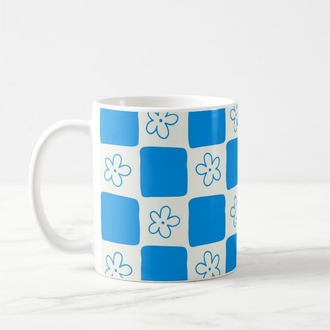 Taza De Café Patrón de cuadros de flores azules elegante (Izquierda)