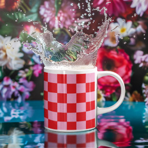 Taza De Café Patrón de Cuadros Rosa Claro y Rojo Brillante