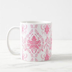 Taza De Café patrón de damasco blanco rosa