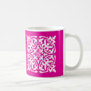 Taza De Café Patrón de damasco de ikat - rosa y blanco profundo