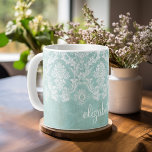 Taza De Café Patrón de Damasco de Vintage Azul Hielo con Acabad<br><div class="desc">Un patrón vintage con un diseño de pizarra y encaje. Eche un vistazo a las flores y hojas.Un diseño moderno con colores y elegancia en tonos de joyas. Los elementos son más fáciles de personalizar cuando se reemplazan primero todo el texto y las fotos. Si su arte todavía necesita ser...</div>