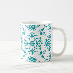 Taza De Café Patrón de damasco floral blanco y acuático