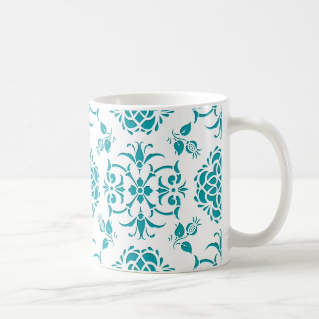 Taza De Café Patrón de Damasco floral blanco y acuático (Derecha)