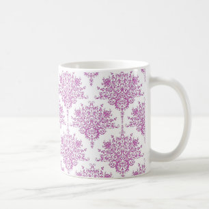 Taza De Café Patrón de damasco floral púrpura sobre blanco