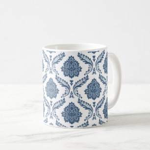 Taza De Café Patrón de Damasco Rococó Azul sobre Blanco