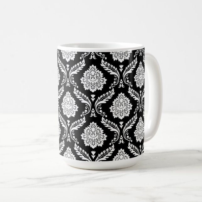 Taza De Café Patrón de Damasco Rococó Blanco sobre Negro (Anverso derecho)