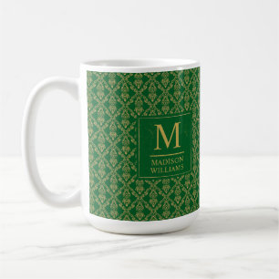 Taza De Café Patrón de damasco sin costuras verde esmeralda y d