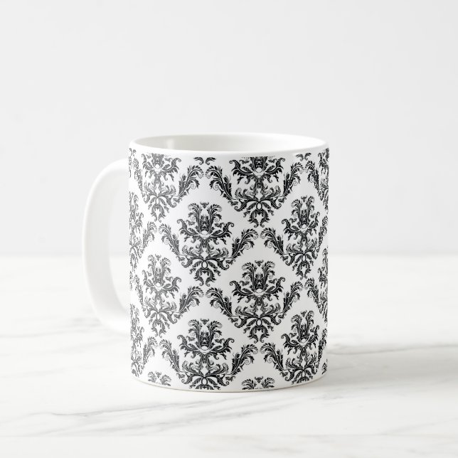 Taza De Café Patrón de Damask, Damasco francés, negro y blanco (Anverso izquierdo)