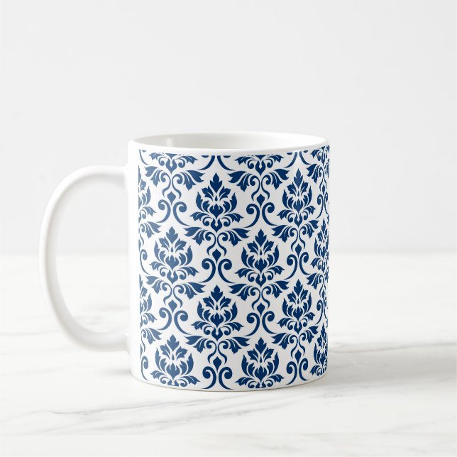Taza De Café Patrón de Damask de Feuille azul oscuro sobre blan (Izquierda)