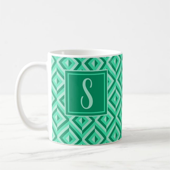 Taza De Café Patrón de diamante de tres tonos verde monograma (Izquierda)
