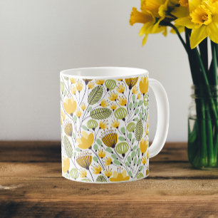 Taza De Café Patrón de diseño floral amarillo y verde