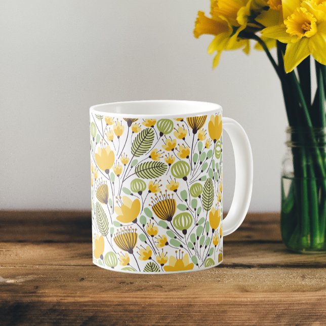 Taza De Café Patrón de diseño floral amarillo y verde (Subido por el creador)