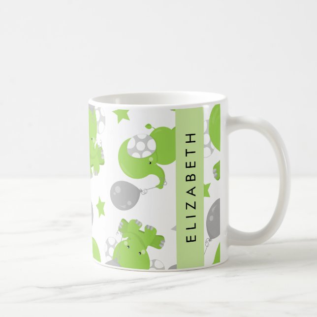 Taza De Café Patrón de elefantes verdes, estrellas, tu nombre (Derecha)