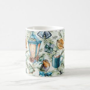 Taza De Café Patrón de elementos navideños en acuarela azul ver