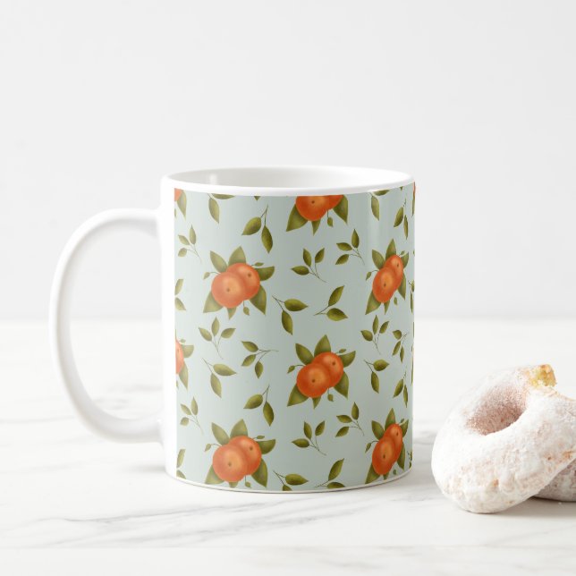 Taza De Café Patrón de encantadores Naranjas sobre fondo Verde  (Con donut)