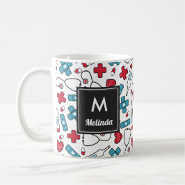 Taza De Café Patrón de enfermera azul rojo monogramado